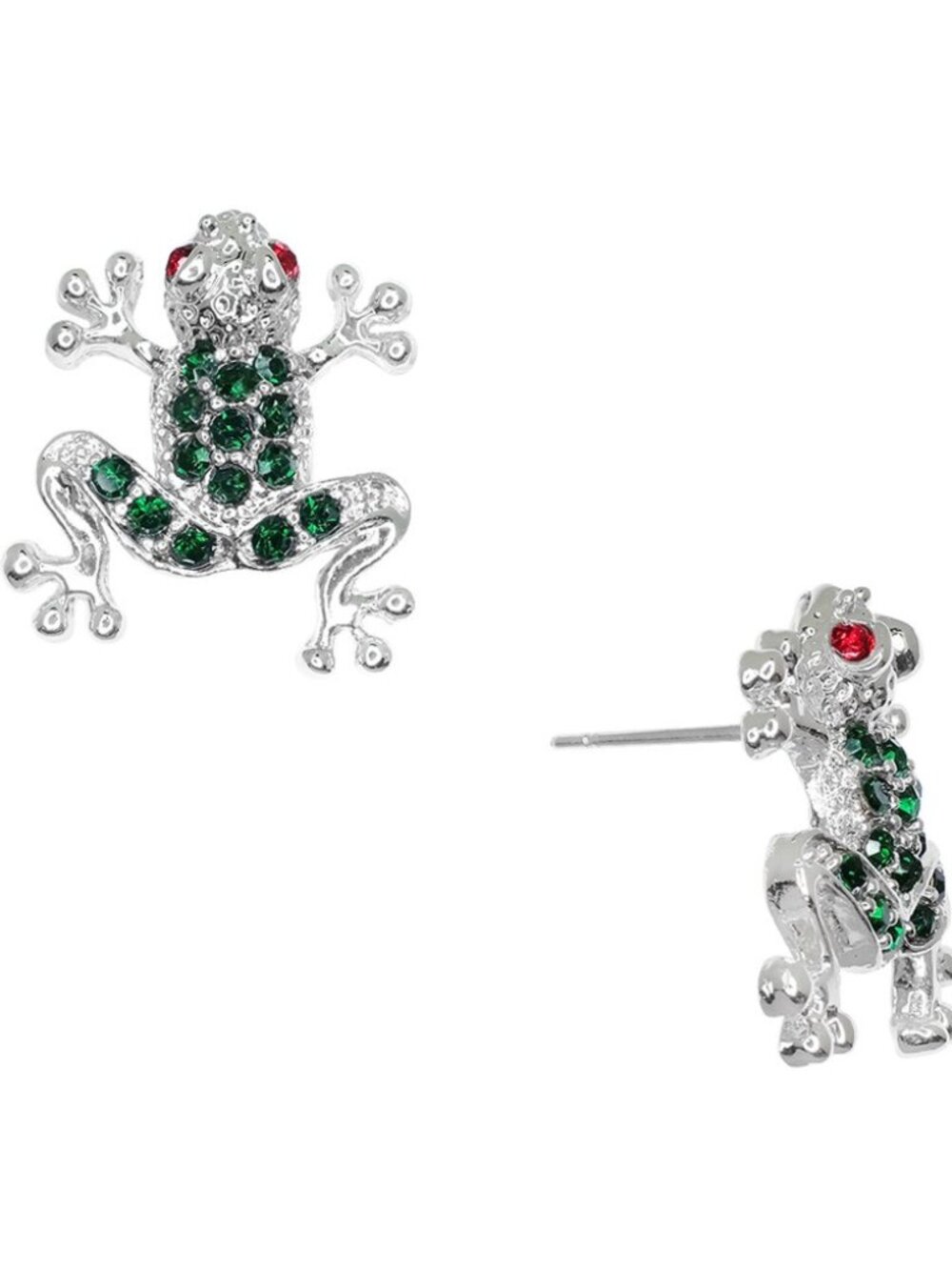 Frog Earrings Crystal Animal Pond Coqui Lili SILVER GREEN Stud 0334